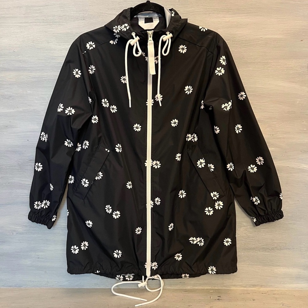 Free Assembly‎ Black w/ White Daisies Hooded Windbreaker Rain Jacket Size XS GC